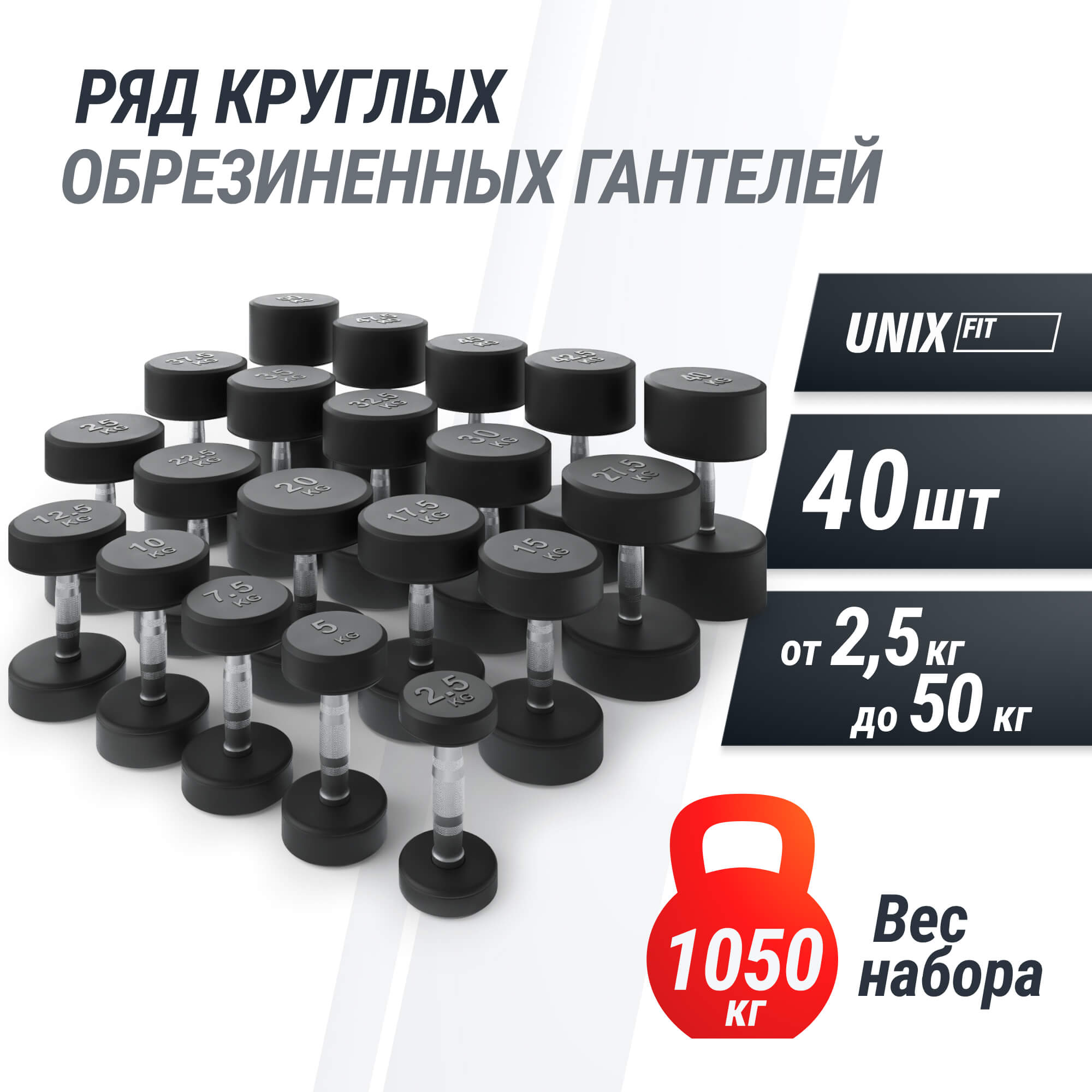 Ряд гантелей круглых UNIX Fit обрезиненные от 2,5 до 50 кг