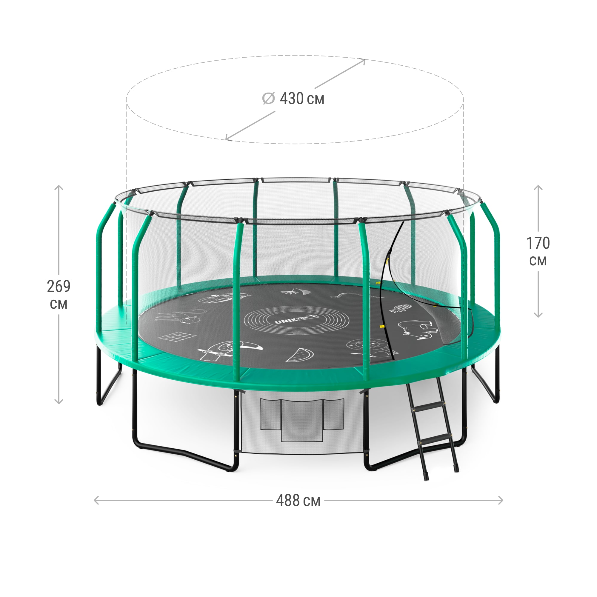 Батут UNIX Line Премиальный с играми / Supreme Game 16 ft (488 см) зеленый