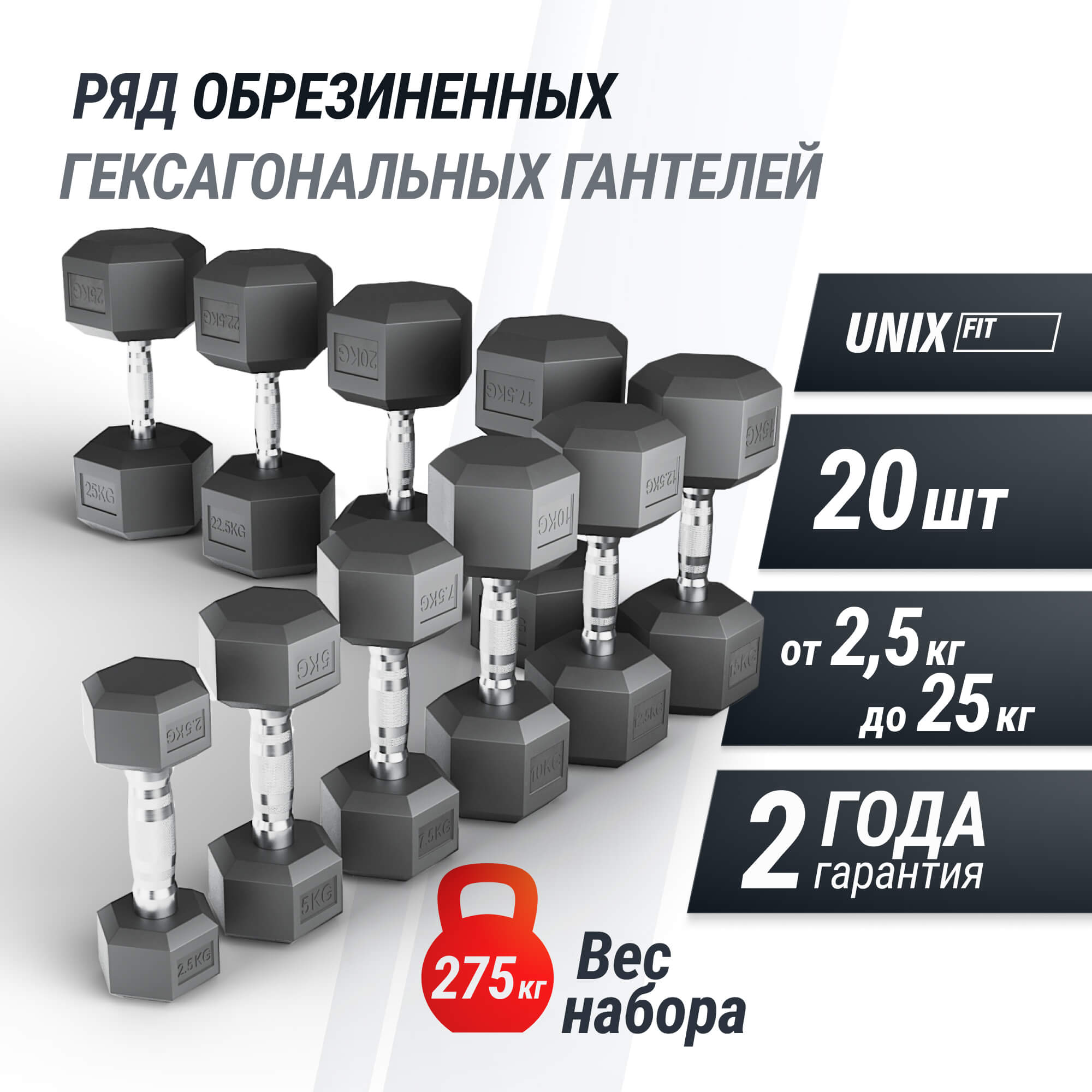 Ряд гантелей гексагональных UNIX Fit обрезиненные от 2,5 до 25 кг