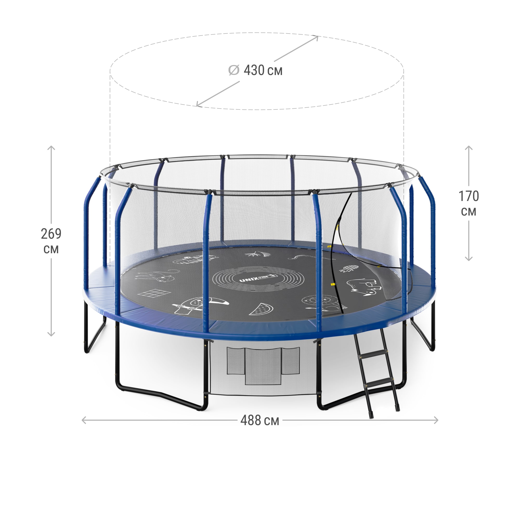 Батут UNIX Line Премиальный с играми / Supreme Game 16 ft (488 см) синий