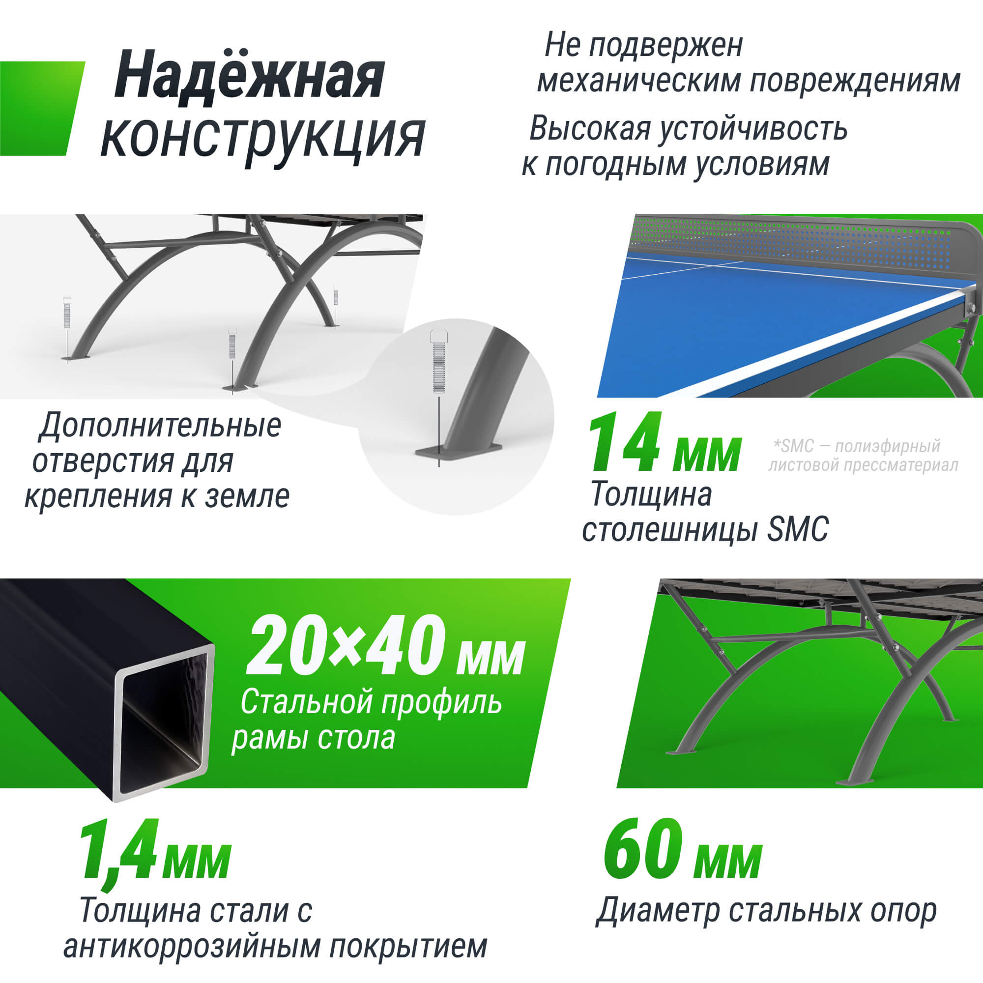 Антивандальный теннисный стол UNIX Line 14 mm SMC синий, серый
