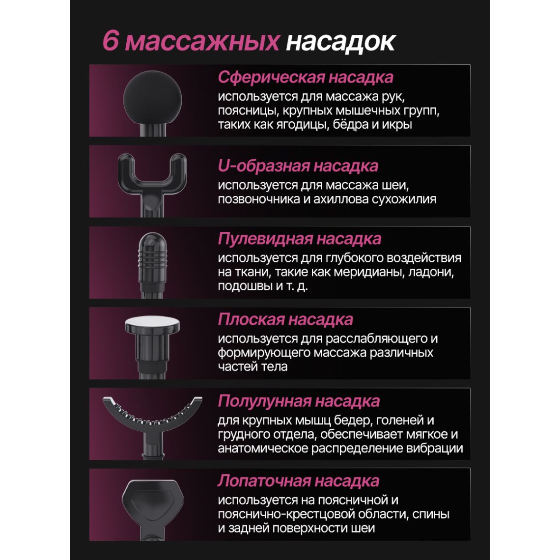 Перкуссионный массажер для тела, шеи и спины DFC VM-BR Фуксия, 6 насадок